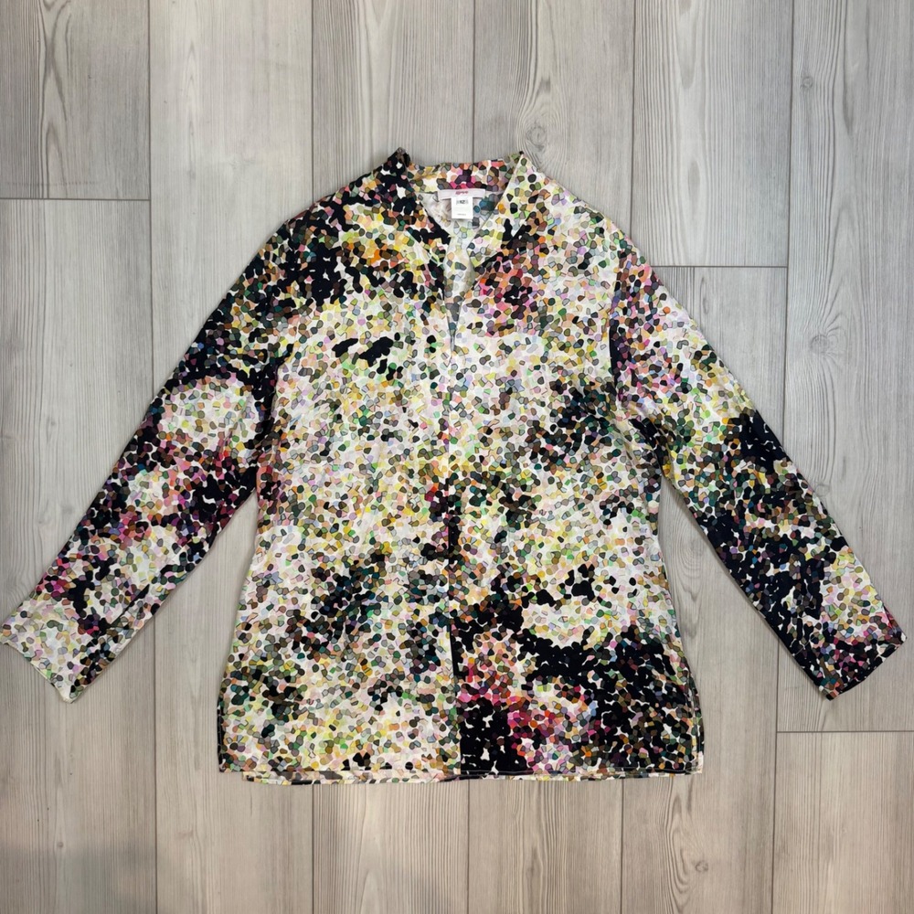 Leggiadro Womens 100% Silk Mosaic Pebble Print 1/2 Zip Blouse Top Multi Color 12